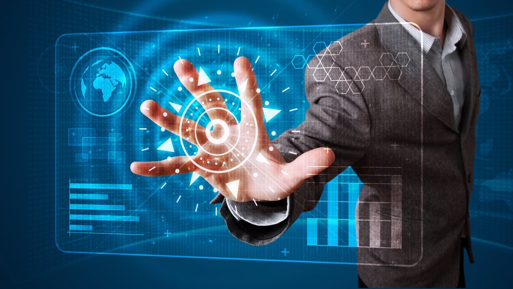 Young businessman pressing product management tool